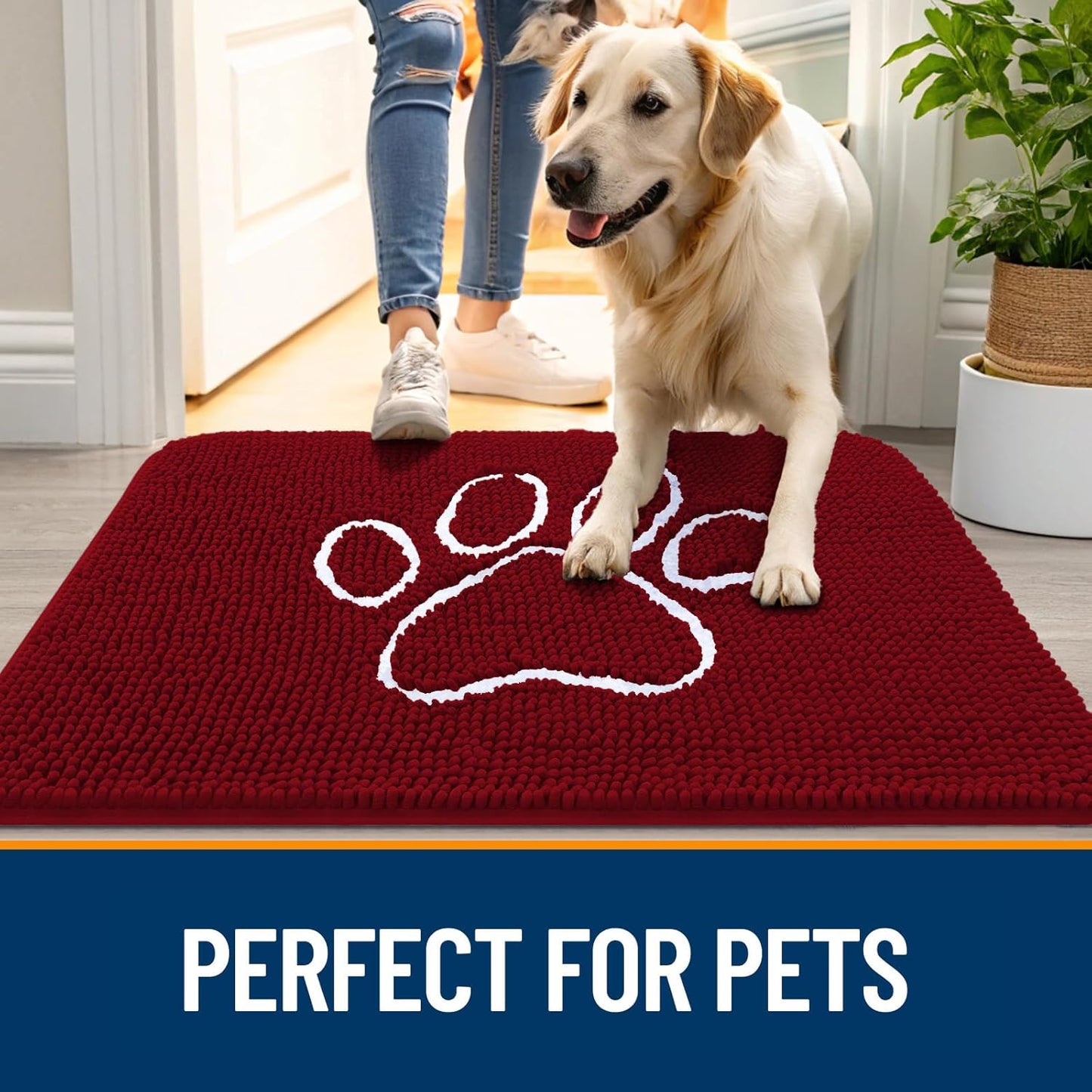 OLANLY Door Mat for Muddy Dog Paws 36x24, Ultra Absorbent Chenille Mud Doormat with Paw Print Design, Non-Slip Washable Doormat for Indoor Entryway, Quick-Dry Pet Bed Mats for Dirty Dogs, Red
