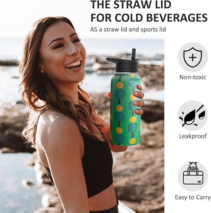 32oz Pickleball Water Bottle Insulated Vacuum Stainless Steel Tumbler Travel Mugs With Straw for Gym Camping Hiking