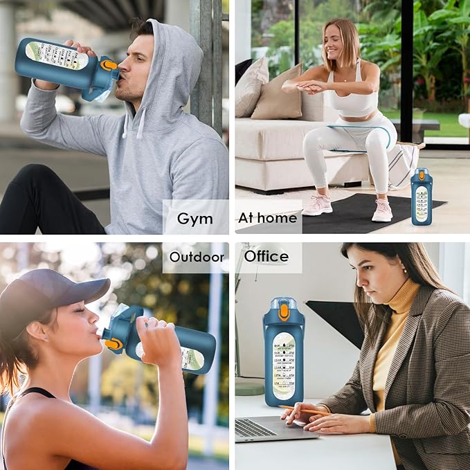 32 oz Glass Water Bottle with Time Marker - 1000ml Large Sports Motivational Water Bottles with Handle & Silicone Case, 1 Liter Leak-proof Measured Drinking Bottle for Gym Fitness Workout (Deep Blue)