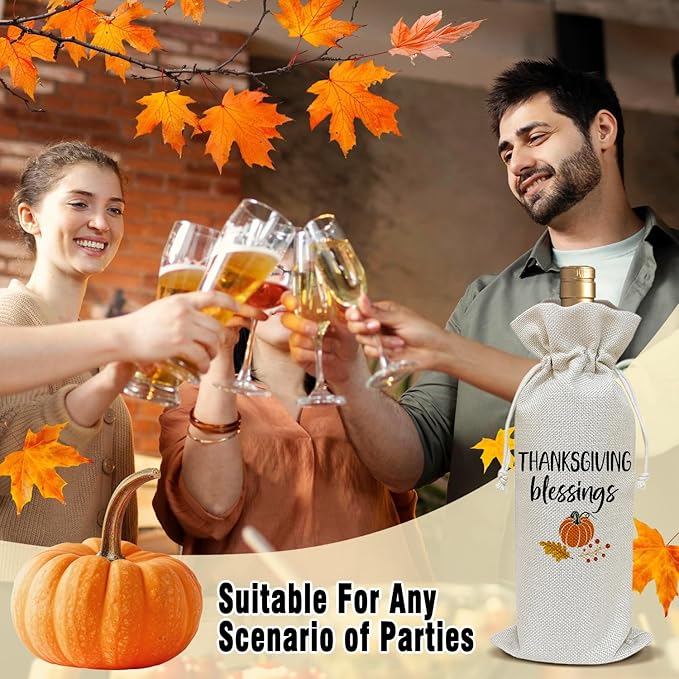 Wine Canvas Bag, Thanksgiving Wine Gift Bag, Thanksgiving Gifts for Friends Coworker Autumn Harvest Party Wine Bags for Wine Bottles, Wine Gifts With Drawstring Holiday Fall Party Decoration -WB37