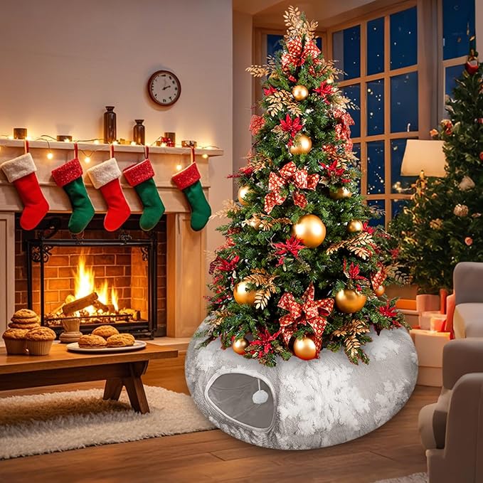 Cat Tunnel Bed for Indoor Cats, Cute Cat Donut Tunnel with Washable Circle Cushion, Under Christmas Tree Soft Plush Peekaboo Cat Cave Toy for Kitten, Puppy, Rabbit (Grey)