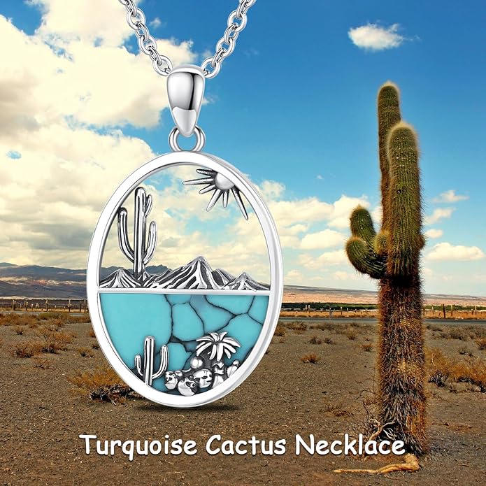 Midir&Etain Western Necklace 925 Sterling Silver Turquoise Pendant Cow Skull/Hat/Tag/Cactus Cowgirl Country Jewelry for Women Men