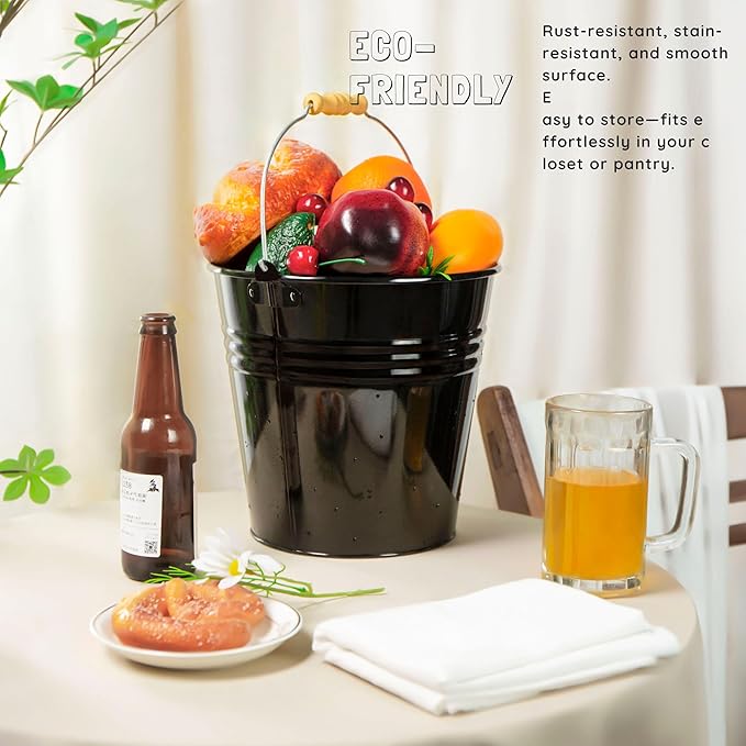 3PCS 5-Quart Galvanized Pail Ice Buckets Metal Beer Bucket Beverage Tubs for Parties (Black)