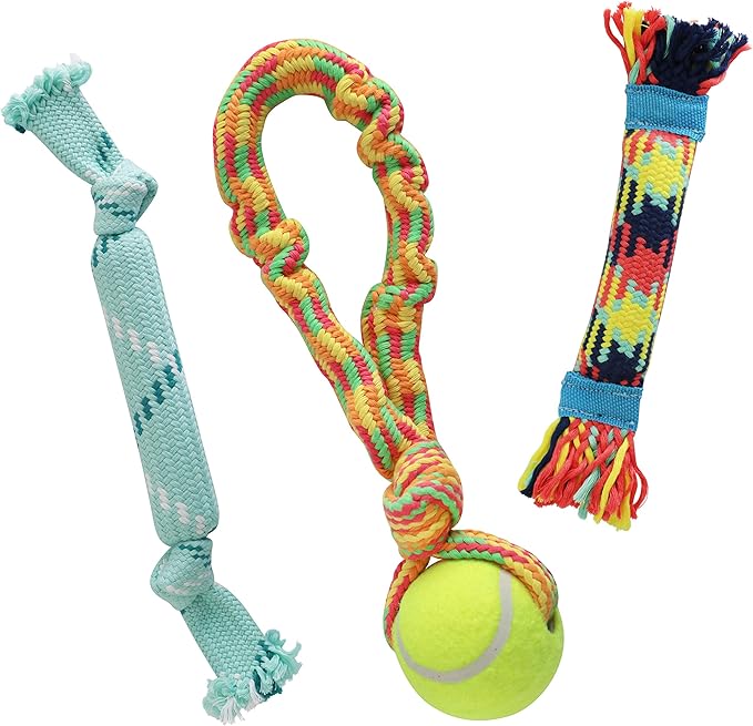 rocket & rex Dog Chew Toy Set for Small to Medium Breeds, Includes a Rope, Rubber Squeaker and Plush Toy with Ball, Reduces Destructive Chewing & Anxiety (Pack of 3)