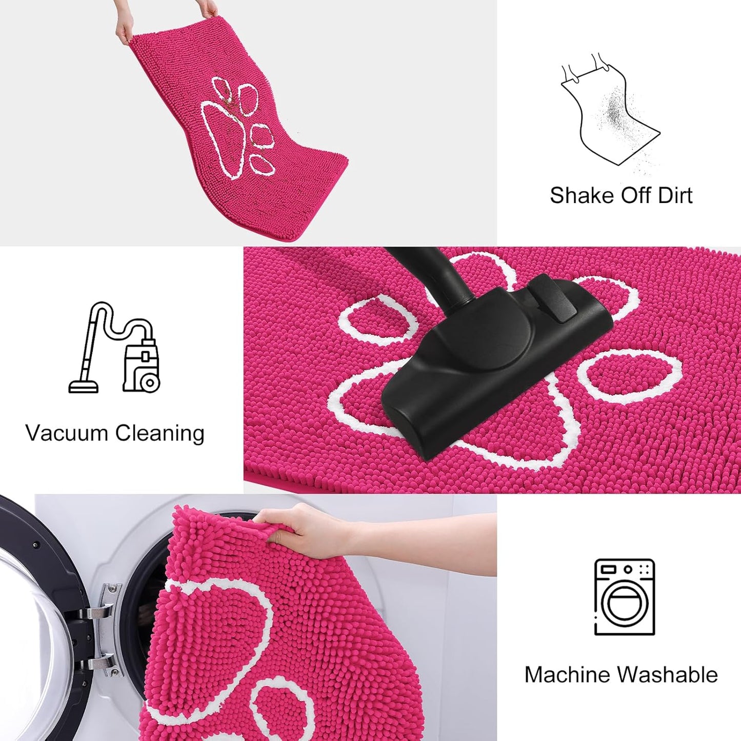 Smiry Dog Door Mat for Muddy Paws, Absorbent Dirt Trapper Non Slip Quick Dry Washable Chenille Mat for Mud Dogs, Entry Rug for Indoor and Outdoor (30x20 Inches, Hot Pink)