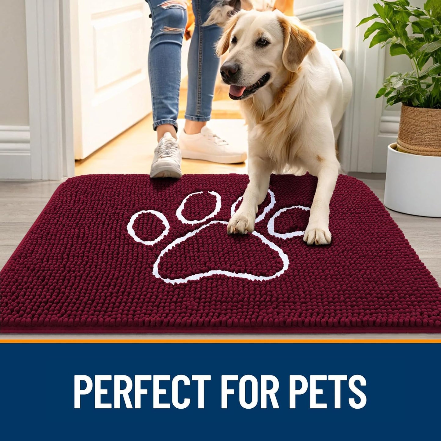 OLANLY Door Mat for Muddy Dog Paws 48x30, Ultra Absorbent Chenille Mud Doormat with Paw Print Design, Non-Slip Washable Doormat for Indoor Entryway, Quick-Dry Pet Bed Mats for Dirty Dogs, Burgundy