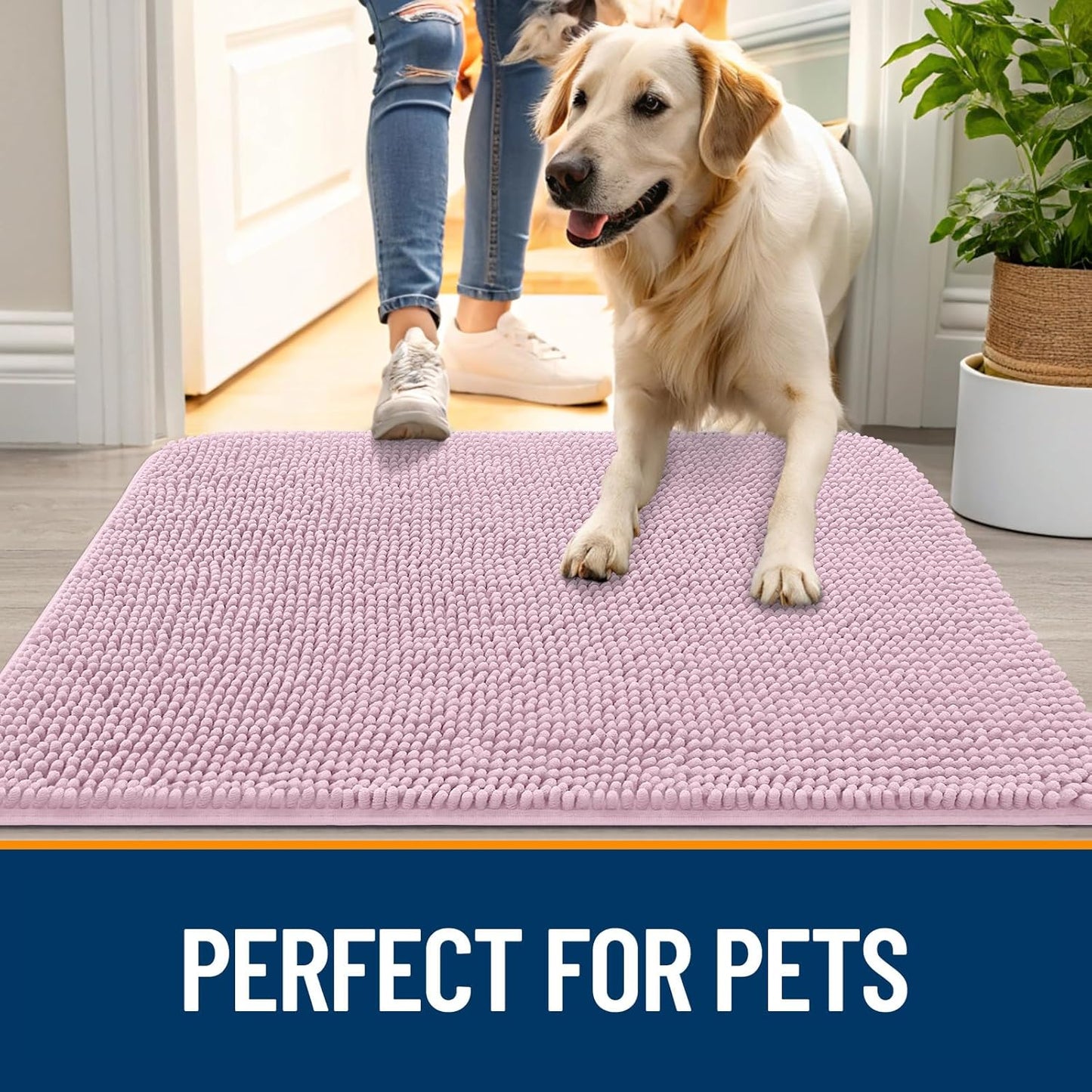 OLANLY Dog Door Mat for Muddy Paws 44x32, Absorbs Moisture and Dirt, Absorbent Non-Slip Washable Doormat, Quick Dry Chenille Mud Mat for Dogs, Entry Indoor Entryway Carpet for Inside Floor, Dusty Rose