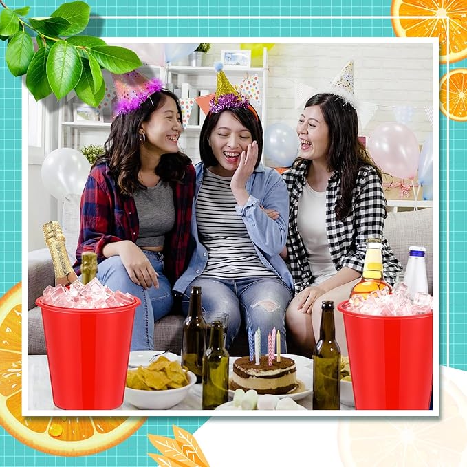 Layhit 24 Packs Plastic Ice Buckets for Parties 3 Liters Wine Bucket Portable Ice Holder for Party Disposable Wine Cooler for Wedding Party Beverage Champagne Soda and Beer(Red)
