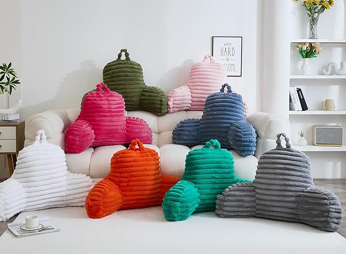 WERDIM Reading Pillow for Sitting in Bed, Faux Fur Back Pillow for Bed Rest, Bed Chair Pillow with Arms and Pockets(Standard, White)