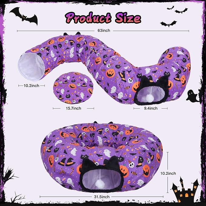 Tidjani Halloween Cat Tunnel, Cat Tunnels for Indoor Cats, Foldable Pet Donut Bed with Washable Mat and Dangling Balls, Pumpkins Spider Candy Pattern Decor, Pet Halloween Toys Gifts