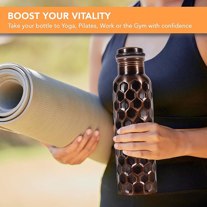 34 Oz Extra Large Honeycomb 100% Pure Copper Water Bottle For Drinking | Leak Proof Design And Carrying Pouch | Drink More With Healthy Benefits Immediately