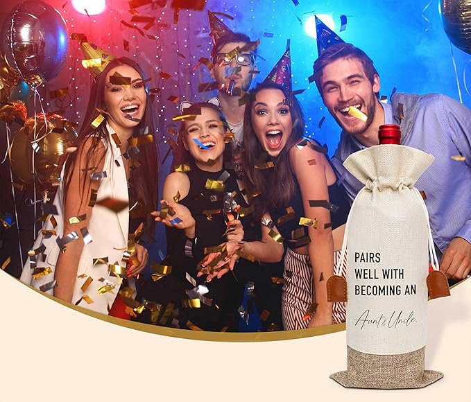 Pairs Well With Becoming Aunt & Uncle Wine Bag, Wine Champagne Bottle Gift Bag, Cotton Linen Wine Gift Bag With Drawstring, Gift for Pregnancy Announcement, New Aunt Uncle for Baby Announcement-15