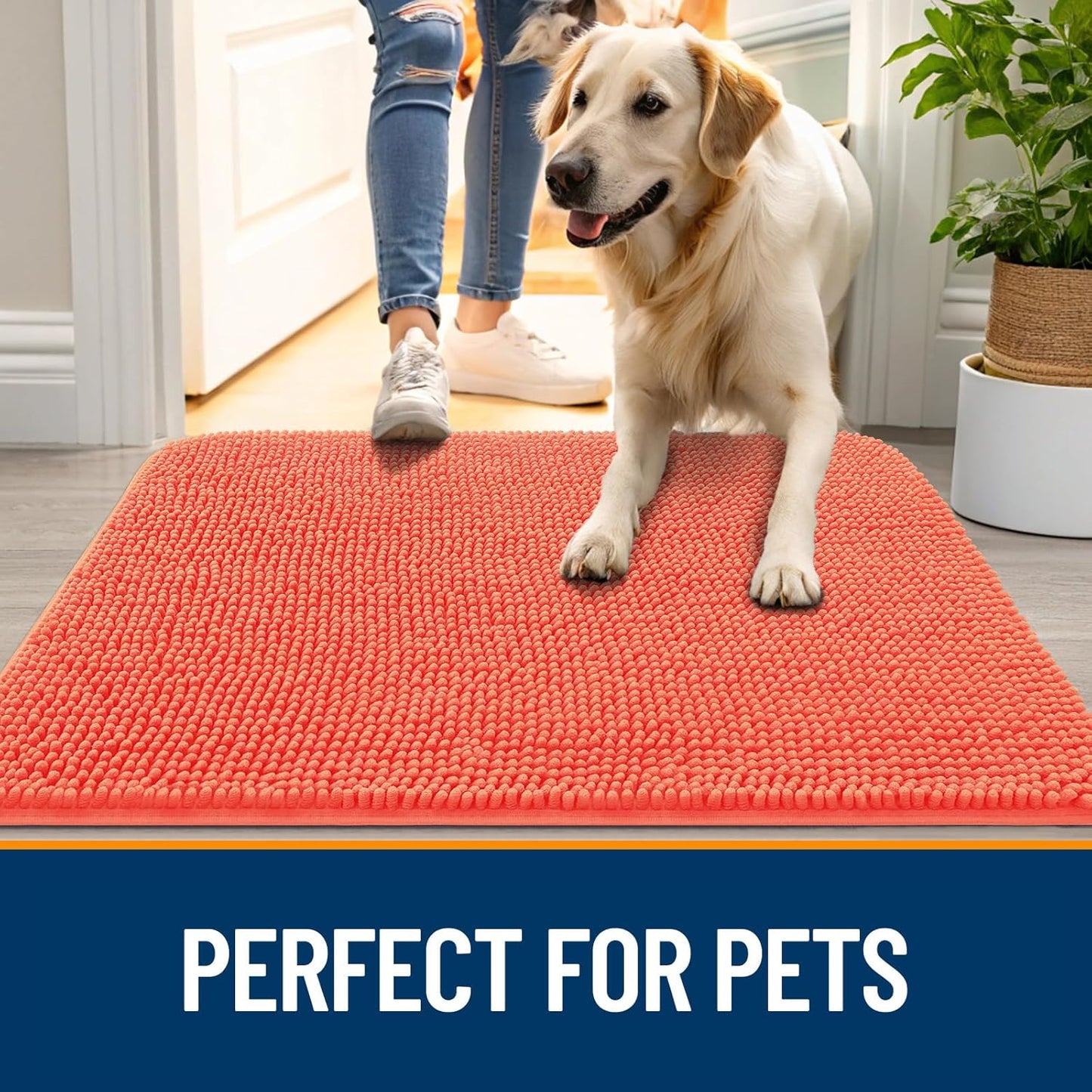 OLANLY Dog Door Mat for Muddy Paws 40x32, Absorbs Moisture and Dirt, Absorbent Non-Slip Washable Doormat, Quick Dry Chenille Mud Mat for Dogs, Entry Indoor Entryway Carpet for Inside Floor, Coral