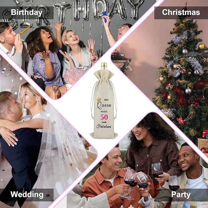 50th Birthday Gift 50 Year Old Gift Wine Bag for Women Party Decor Drawstring Wine Bottle Bag 50th Female Milestone Gift Birthday Mother's Day Christmas Gift for Mom Sister Burlap Wine Cover Bag