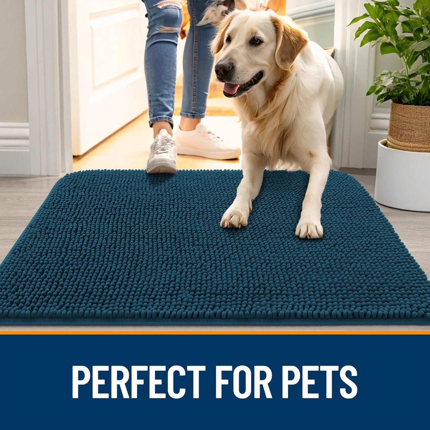 OLANLY Dog Door Mat for Muddy Paws 48x30, Absorbs Moisture and Dirt, Absorbent Non-Slip Washable Doormat, Quick Dry Chenille Mud Mat, Entry Indoor Entryway Carpet for Inside Floor, Atlantic Blue
