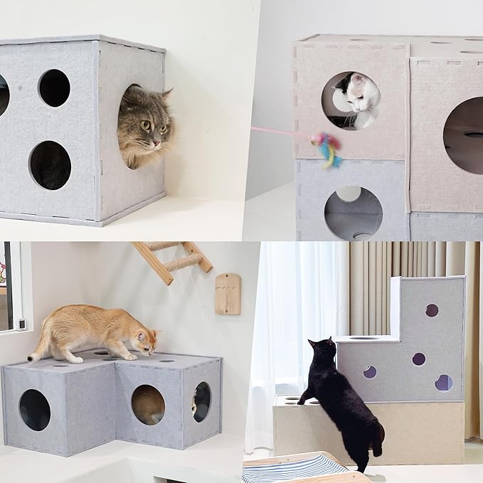 Meeyoview Cat Tunnel, Felt Tunnels for Indoor Cats, Peekaboo Hideaway Cave, L-Shape Kitty Tunnel Bed, Interactive Cat Cube Toys for Small Medium Large Cats