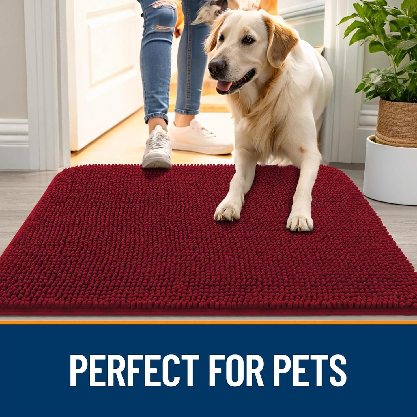 OLANLY Dog Door Mat for Muddy Paws 47x24, Absorbs Moisture and Dirt, Absorbent Non-Slip Washable Doormat, Quick Dry Chenille Mud Mat for Dogs, Entry Indoor Entryway Carpet for Inside Floor, Red