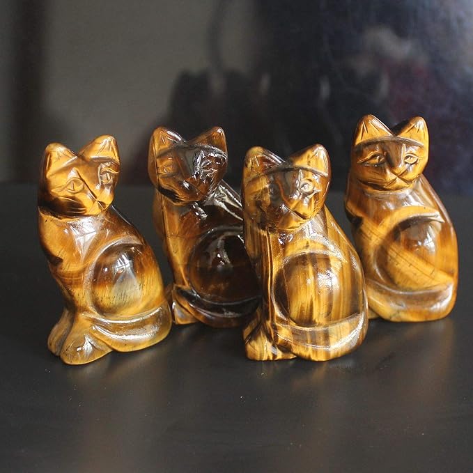 2‘’ Hand Carved Mixed Gemstone Crystal cat Figurine Animal Carving (Golden Tiger Eye)