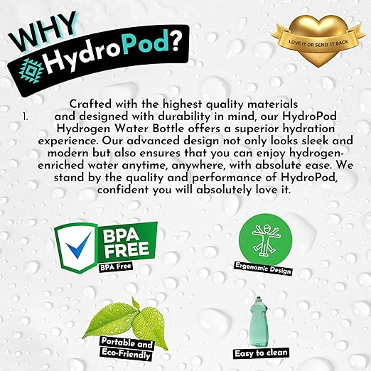 HydroPod Premium Hydrogen Water Bottle Generator - Advanced HydroHealth Hydrogenated Water Machine & Ionizer - Smart Portable Water Purifier & Filtered Hydro Water Bottle