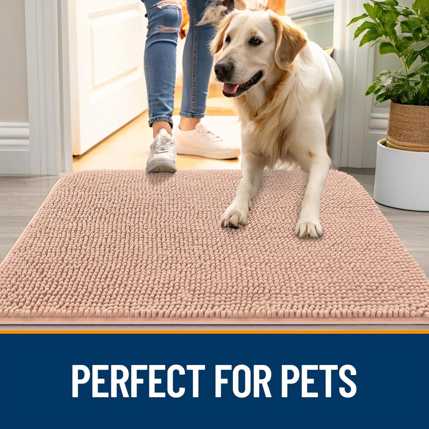 OLANLY Dog Door Mat for Muddy Paws 34x21, Absorbs Moisture and Dirt, Absorbent Non-Slip Washable Doormat, Quick Dry Chenille Mud Mat for Dogs, Entry Indoor Entryway Carpet for Inside Floor, Peach