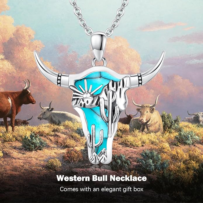 Midir&Etain Western Necklace 925 Sterling Silver Turquoise Pendant Cow Skull/Hat/Tag/Cactus Cowgirl Country Jewelry for Women Men
