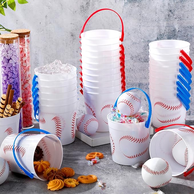 Mifoci Baseball Small Plastic Bucket with Handles 34 oz Versatile Baseball Treat Bucket Baseball Ice Bucket Bulk for Wine Beverage Baseball Party Bar Alcohol Beer Snack Drink Pail Gifts(20 Pcs)