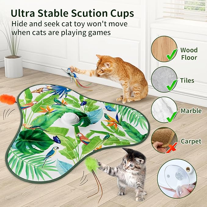 4-in-1 Interactive Cat Toy, Hide and Seek Cat Toys for Indoor Cats, Automatic Cat Kitten Toys with Moving Concealed Feathers, Fluttering Butterfly, Lifelike Sounds,Touch Activated, USB Rechargeable