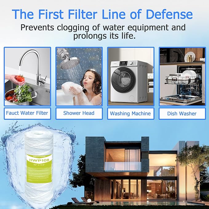 50 Micron Whole House Water Filter Cartridge, String Wound Sediment Filters for Well Water, Replacement for 84637, WPX5BB97P, WP10BB97P, WP25BB97P - 10" x 4.5" Cartridges - Pack of 4