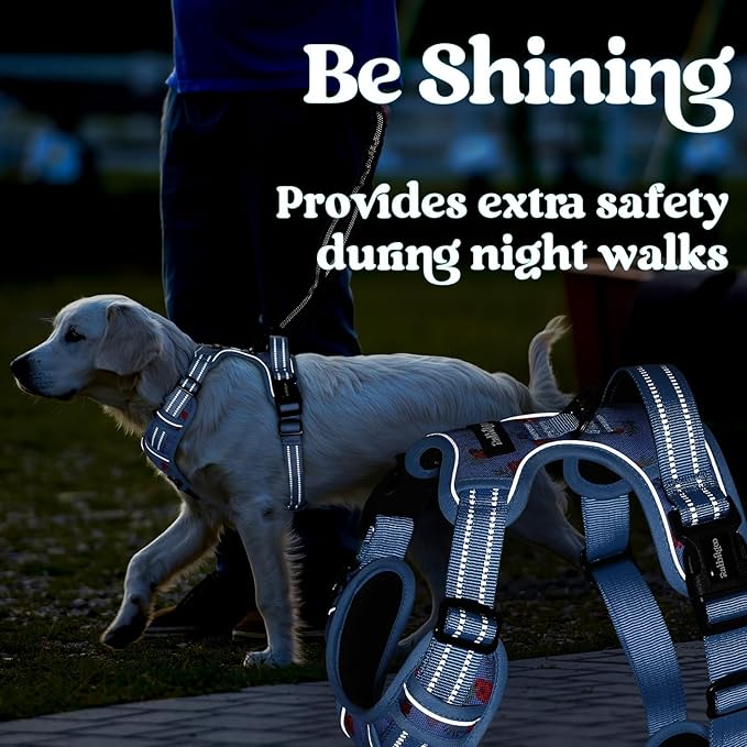 rabbitgoo Dog Harness Medium Sized, No Pull Pet Harness with 3 Buckles, Adjustable Soft Padded Vest with Control Handle, Walking Reflective Pet Vest for Medium Dogs, Floral Blue, M