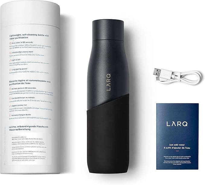 LARQ Bottle Movement PureVis 32 oz- Lightweight Self-Cleaning and Non-Insulated Stainless Steel Water Bottle with UV Water Purifier | Reusable & Travel Friendly, 1-Year Warranty, Black/Onyx