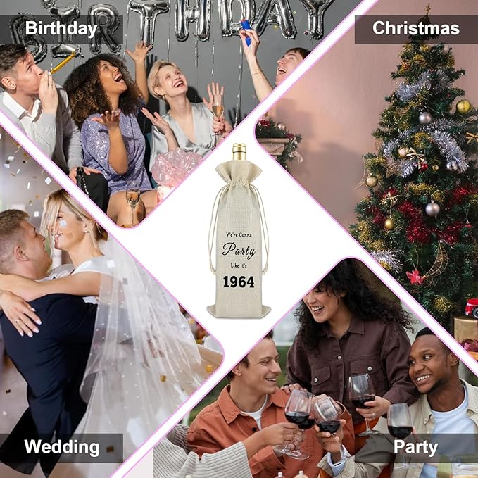 60th Birthday Gift for Women Men Wine Bag 60th Birthday Present Idea for Mom Dad 60 Year Old Turning 60 Gift for Wife Grandma Friend Wine Gift Bag Drawstring Burlap Wine Wrap Bag Birthday Party Decors