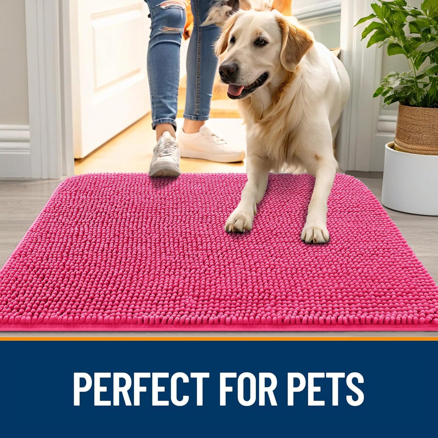 OLANLY Dog Door Mat for Muddy Paws 48x30, Absorbs Moisture and Dirt, Absorbent Non-Slip Washable Doormat, Quick Dry Chenille Mud Mat for Dogs, Entry Indoor Entryway Carpet for Inside Floor, Hot Pink