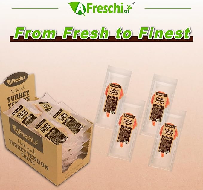 AFreschi Turkey Tendons for Dogs, USA-Sourced, Healthy Dog Treats, Rawhide-Free Puppy Chews, Long Lasting, All Natural, Hypoallergenic Dog Treats for Small Breeds, 40 Count Box Lollipop (S)