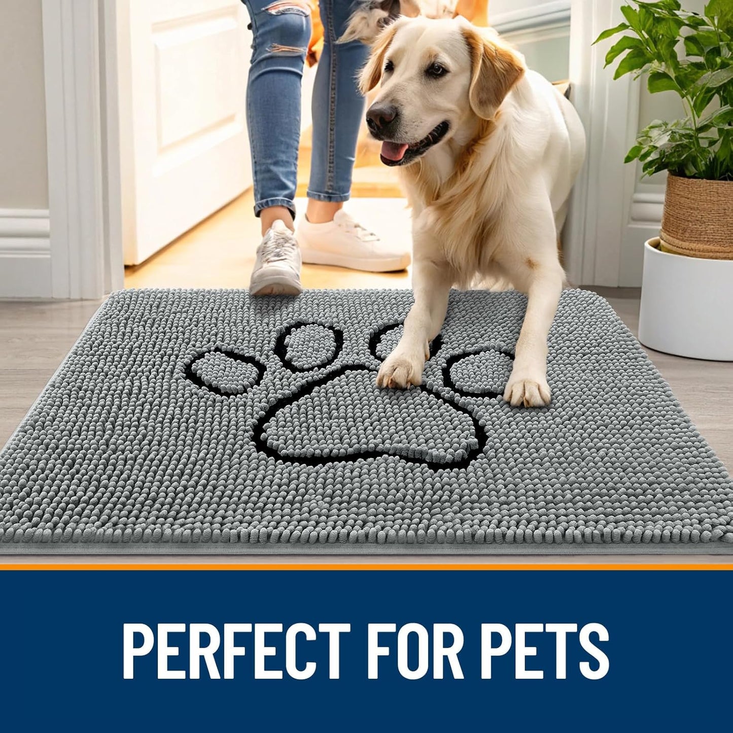 OLANLY Door Mat for Muddy Dog Paws 40x32, Ultra Absorbent Chenille Mud Doormat with Paw Print Design, Non-Slip Washable Doormat for Indoor Entryway, Quick-Dry Pet Bed Mats for Dirty Dogs, Grey