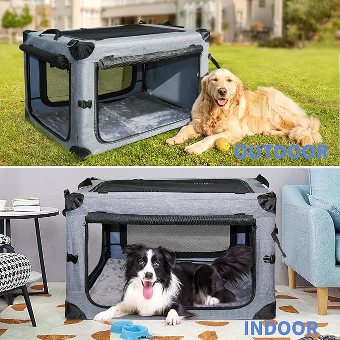 NEZUC Soft Collapsible Dog Crate - 36 Inch Portable Soft Sided Travel Dog Crates for Large Dogs, 4-Door Foldable Dog Carrier, Pet Kennel Indoor & Outdoor (Gray, 36.0" L x 22.0" W x 22.0" H)