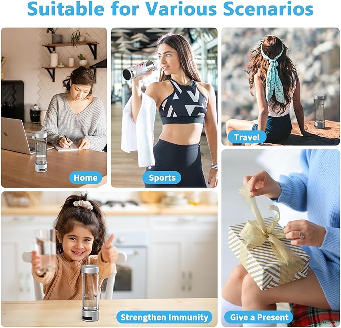 Hydrogen Water Bottle Generator, SPE/PEM Technology Hydrogen-Rich Water Bottle Hydrogen Concentration(+2800ppb), Portable Rechargeable Glass Hydrogen Water Ionizer Machine Gifts for Women&Men