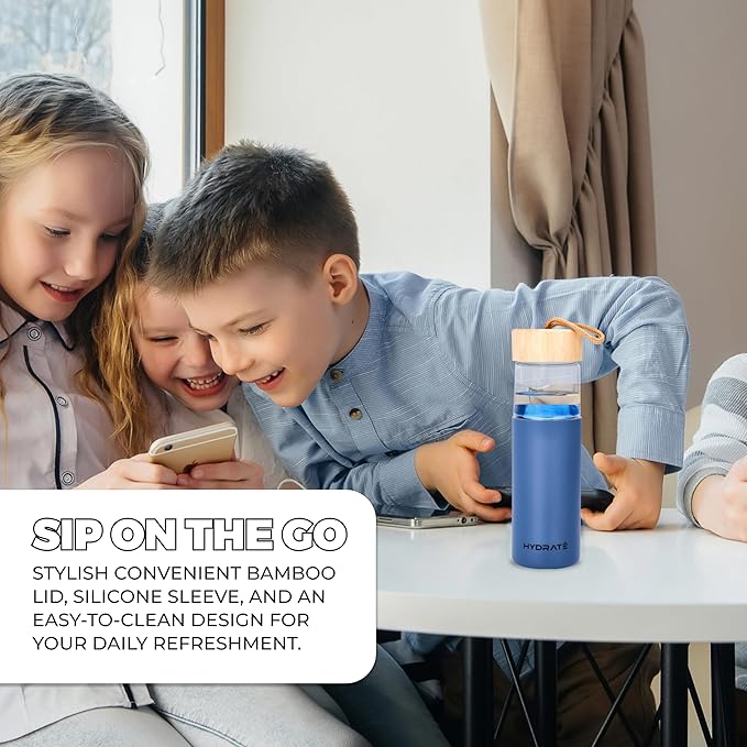 HYDRATE Glass Water Bottle, 25 oz - Gym Drinking Bottles with Slip Resistant Silicone Sleeve and Leak Proof Bamboo Lid - Clear Sports Bottle Made of Borosilicate Glass (10 x 3 inches, Blue)