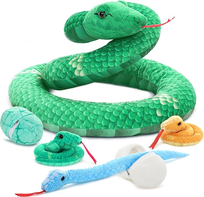MorisMos Giant Snake Stuffed Animals Mommy with Babies, Realistic Snake Plush Toy,Large Stuffed Snake with Babies & Egg Plushies, Long Green Boa Constrictor Anaconda Toys for Kid Girl Boy Christmas