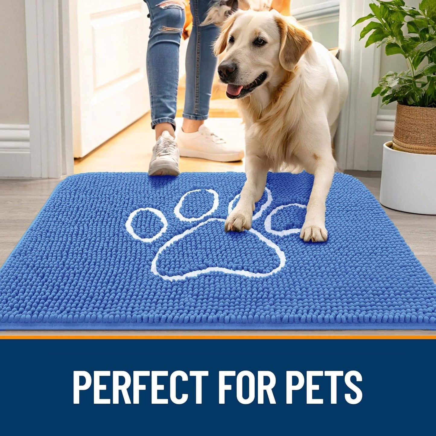 OLANLY Door Mat for Muddy Dog Paws 30x20, Absorbent Chenille Mud Doormat with Paw Print Design, Non-Slip Washable Doormat for Indoor Entryway, Quick-Dry Pet Bed Mats for Dirty Dogs, Cornflower Blue