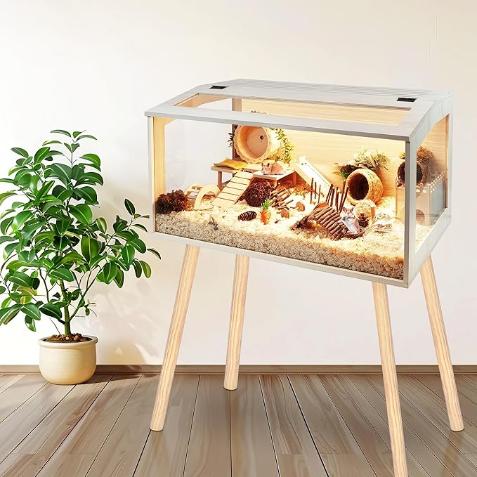 Prolee Hamster Cage Wooden Chew Proof, Extra Large Mice and Rat Habitat Openable Top with Acrylic Sheets Solid Built Small Animal Cage with Leg Stands, 32 Inch Long