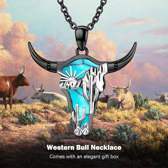 Midir&Etain Western Necklace 925 Sterling Silver Turquoise Pendant Cow Skull/Hat/Tag/Cactus Cowgirl Country Jewelry for Women Men
