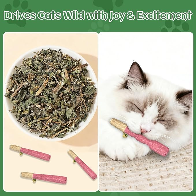 4 Pack Hand-Rolled Catnip Sticks with Chew Rope & Bell -Shaped Cat Toys for Indoor Cats and Kicker Toys, Teething Chew and Play Fun (Pink)