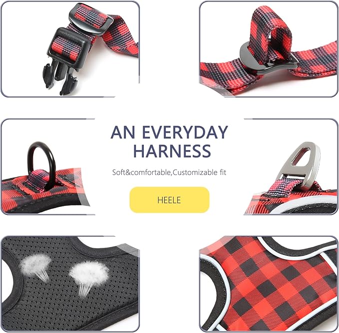 HEELE Dog Harness, No Pull Adjustable Padded Reflective Harness for Small Medium Large Dogs with Handle for Walking Training, Checkered-Red, M