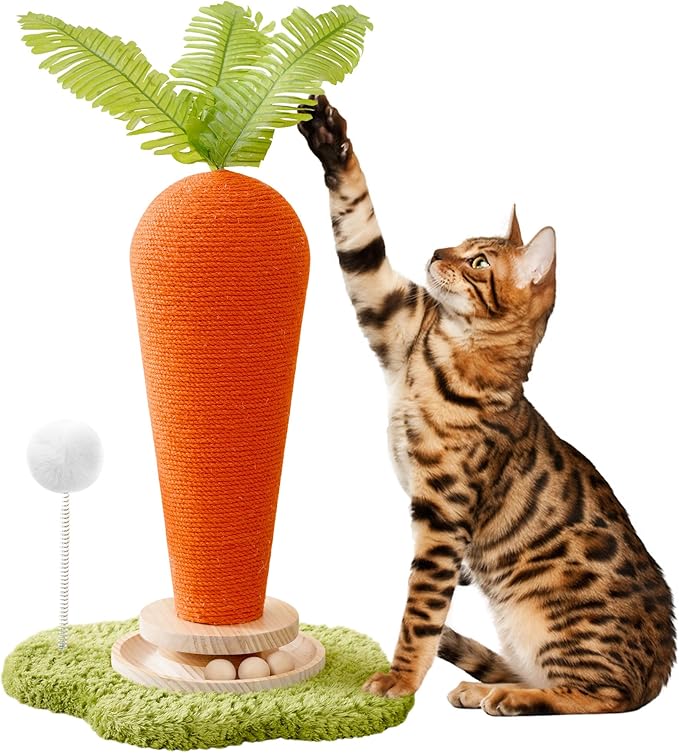 Cute Cat Scratching Post, Carrot Cat Scratcher Post with Durable Natural Wooden Turntable Toy and Catnip, 24'â H Carrot Shape Design Sisal Cat Tree Sisal Scratcher for Indoor Cats (Cloud Base)