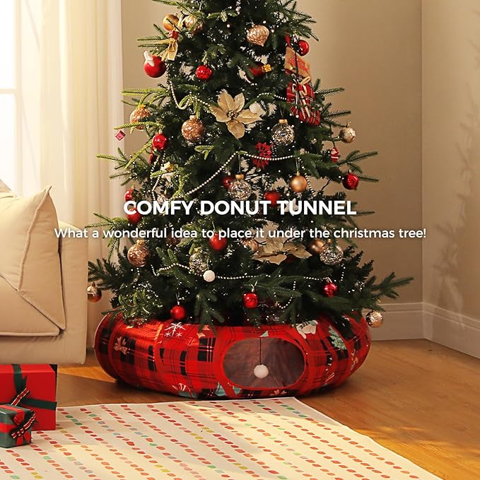 PAWZ Road Cat Tunnel Christmas Cat Donut Tunnel Collapsible Cat Tunnel Tube Dia-38 inches with Soft Mat for Indoor Cats, Rabbits and Puppies, Red