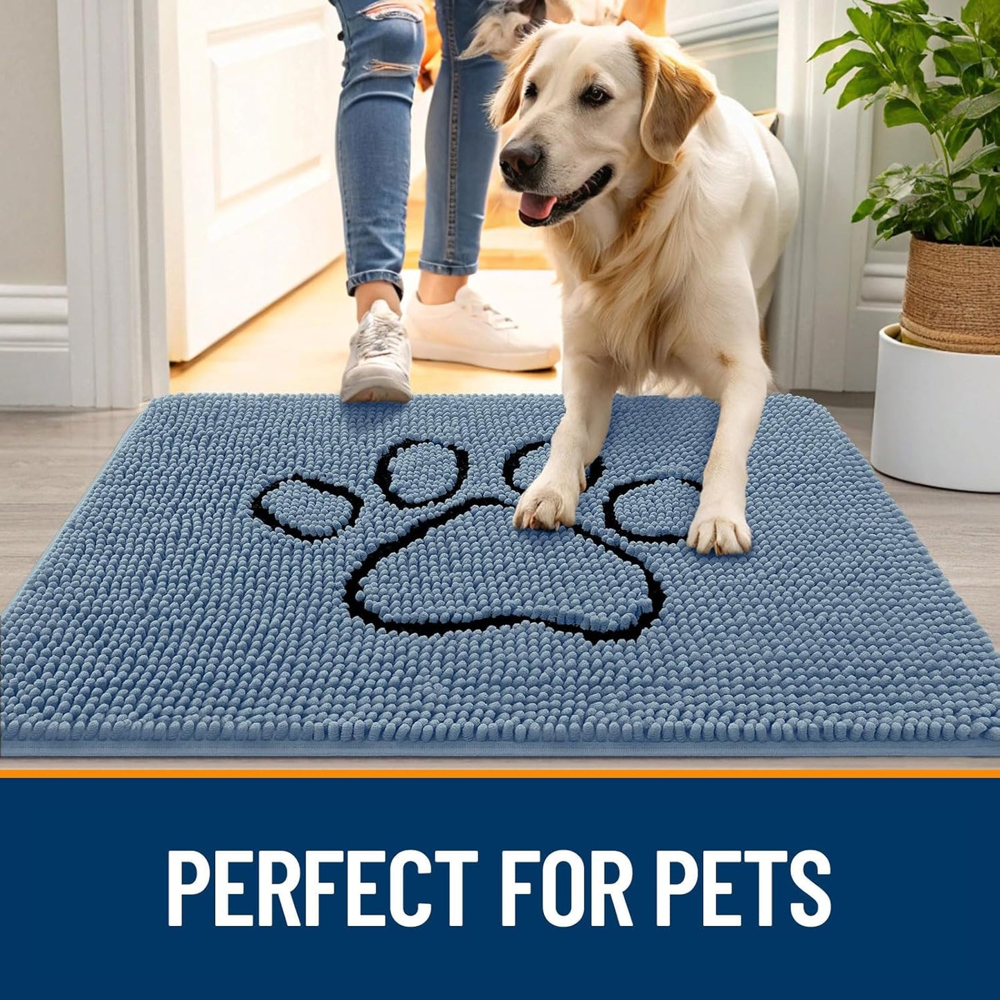 OLANLY Door Mat for Muddy Dog Paws 48x30, Absorbent Chenille Doormat with Paw Print Design, Non-Slip Washable Doormat for Indoor Entryway, Quick-Dry Pet Bed Mats for Dirty Dogs, Airy Blue and Black