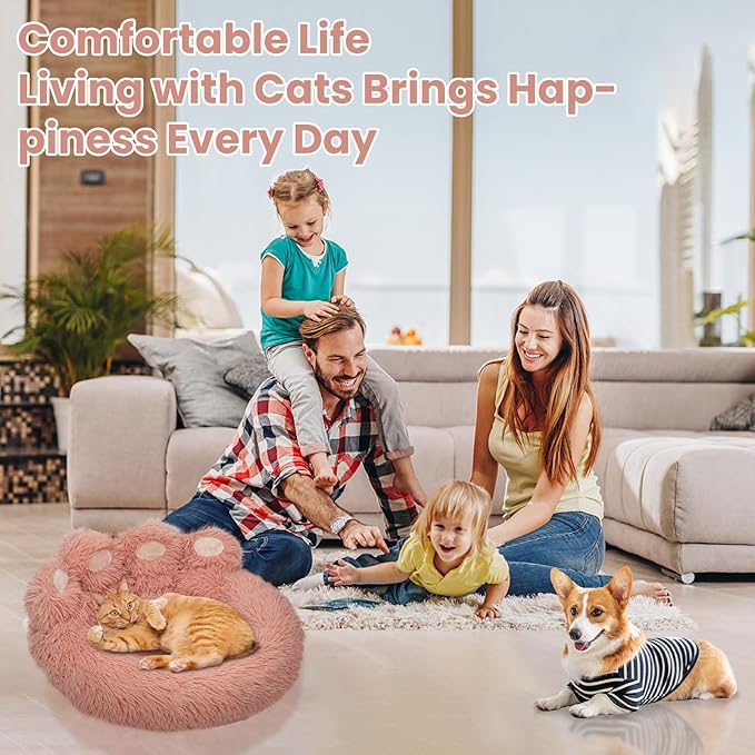 Calming Dog Bed Cat Bed Medium Size Dog - Donut Washable Medium Pet Bed, Warm Kitten Nest 24 inches Anti-Slip Round Fluffy Plush Faux Fur Cat Bed, Fits up to 25 lbs Pets, (Luxury Pink)