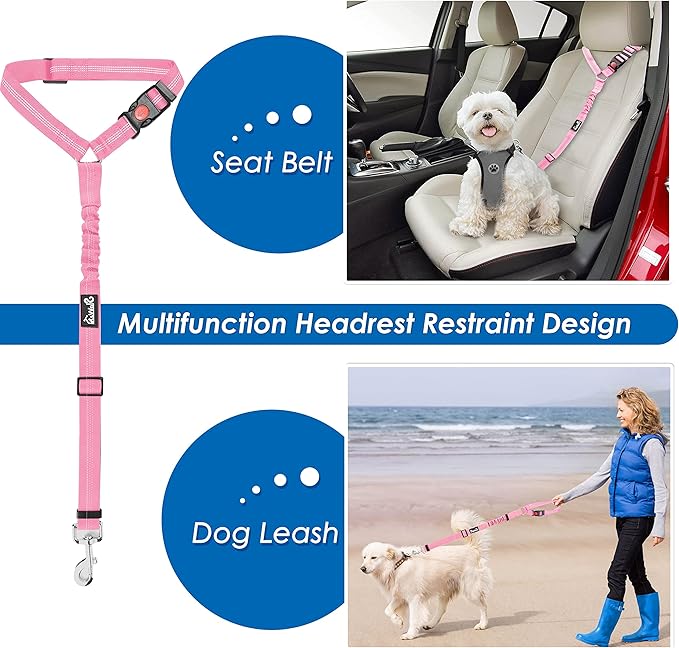 Lukovee Dog Seatbelt Leash for Cars, 2 Pack Pet Safety Seat Belt with Adjustable Buckle & Reflective Bungee, Connect Dog Harness in Vehicle Dogs Restraint Travel Daily Use (Pink)