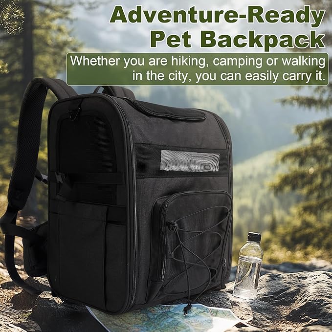 Dog Backpack, Breathable and Comfortable - with Chest Strap, Waist Strap, Safety Buckle and Elevated Interactive Pad, Ideal Pet Carrier Bag for Traveling, Hiking and Daily Walks, Black