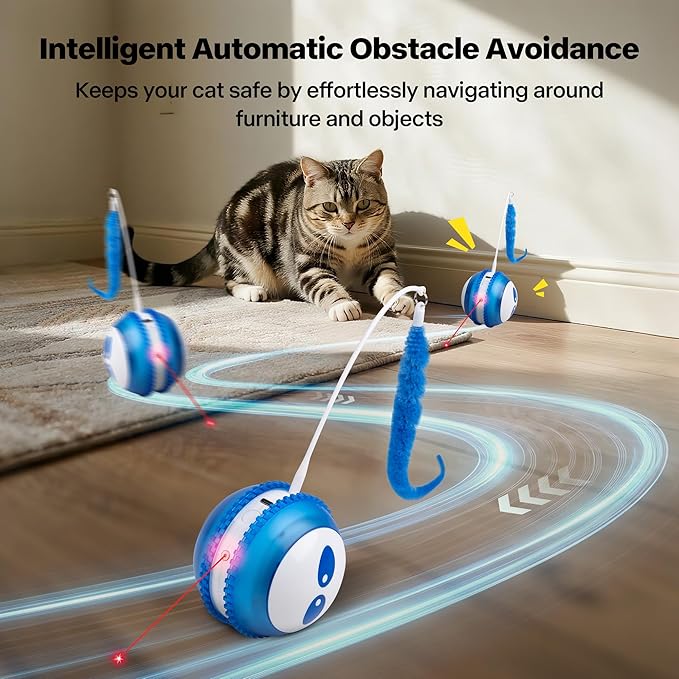 Pet Prime Interactive Cat Toy Motion Activated Cat Laser Toy Automatic Self Moving Ball with Bird Chirping,Rechargeable Exercise Stimulation Toys for Bored Blue